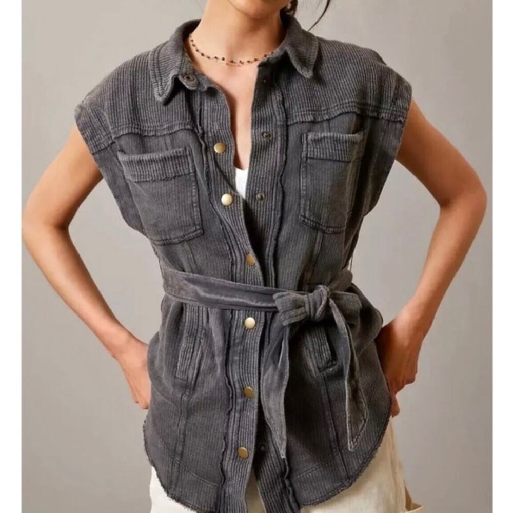 Anthropologie Pilcro Women Belted Vest M Carbon Gray Rib Sleeveless Snap Shirt